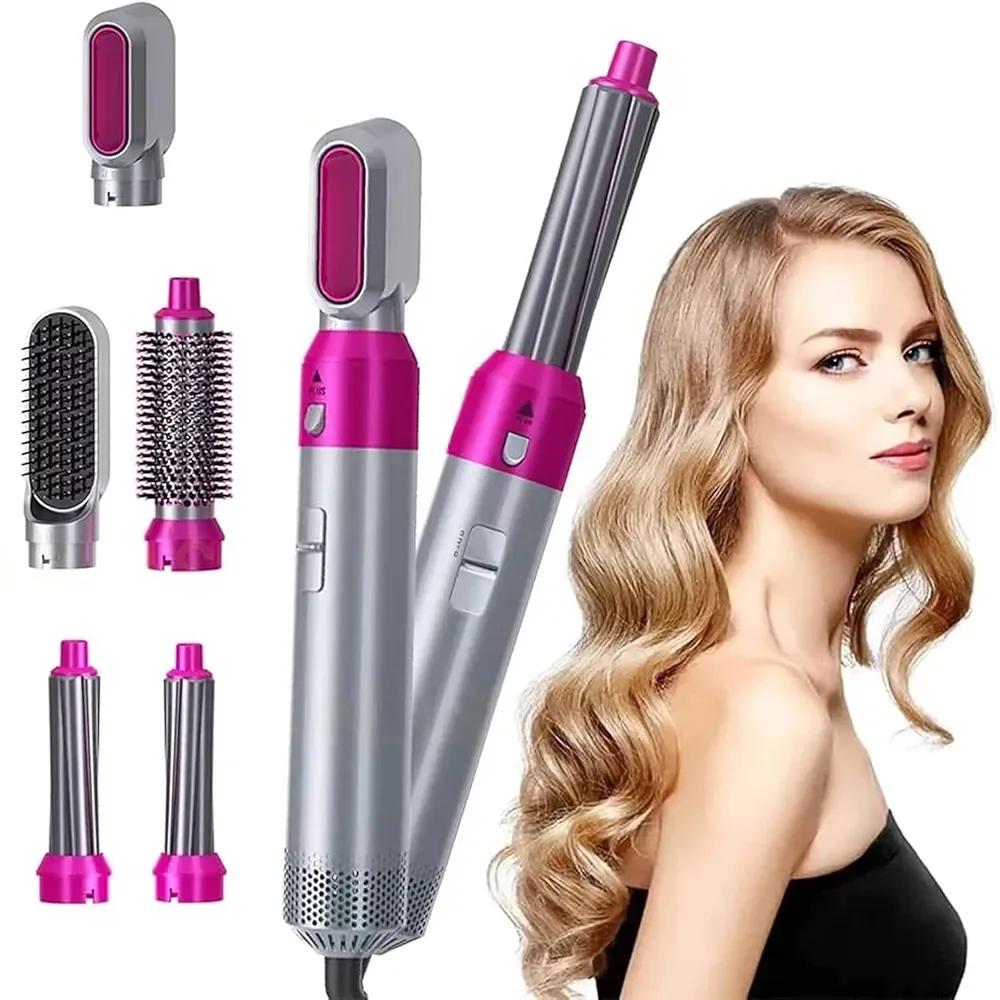 5-in-1 Hair Curler & Straightener Pink Silver Portable