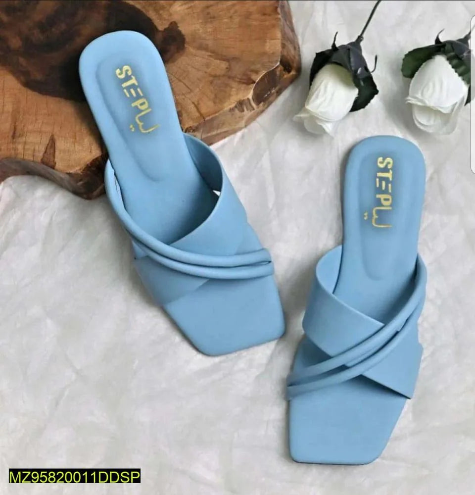 Blue Cross-Strap Rexine Slides for Women