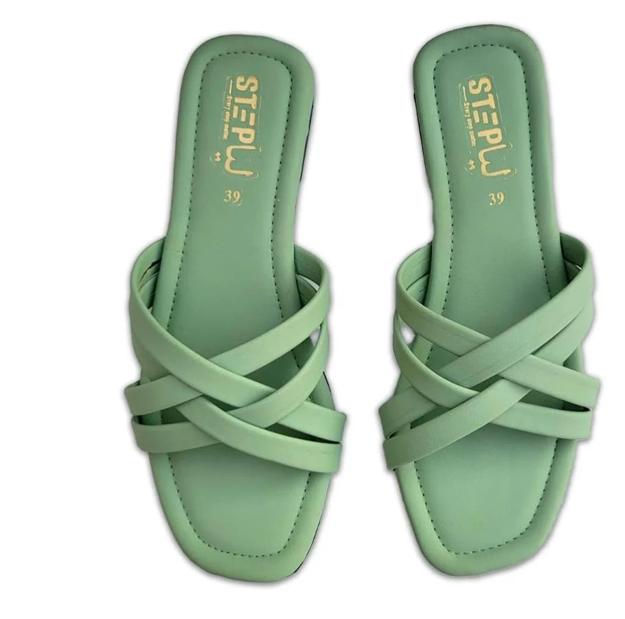Green Rexine Cross Strap Slides Size 39