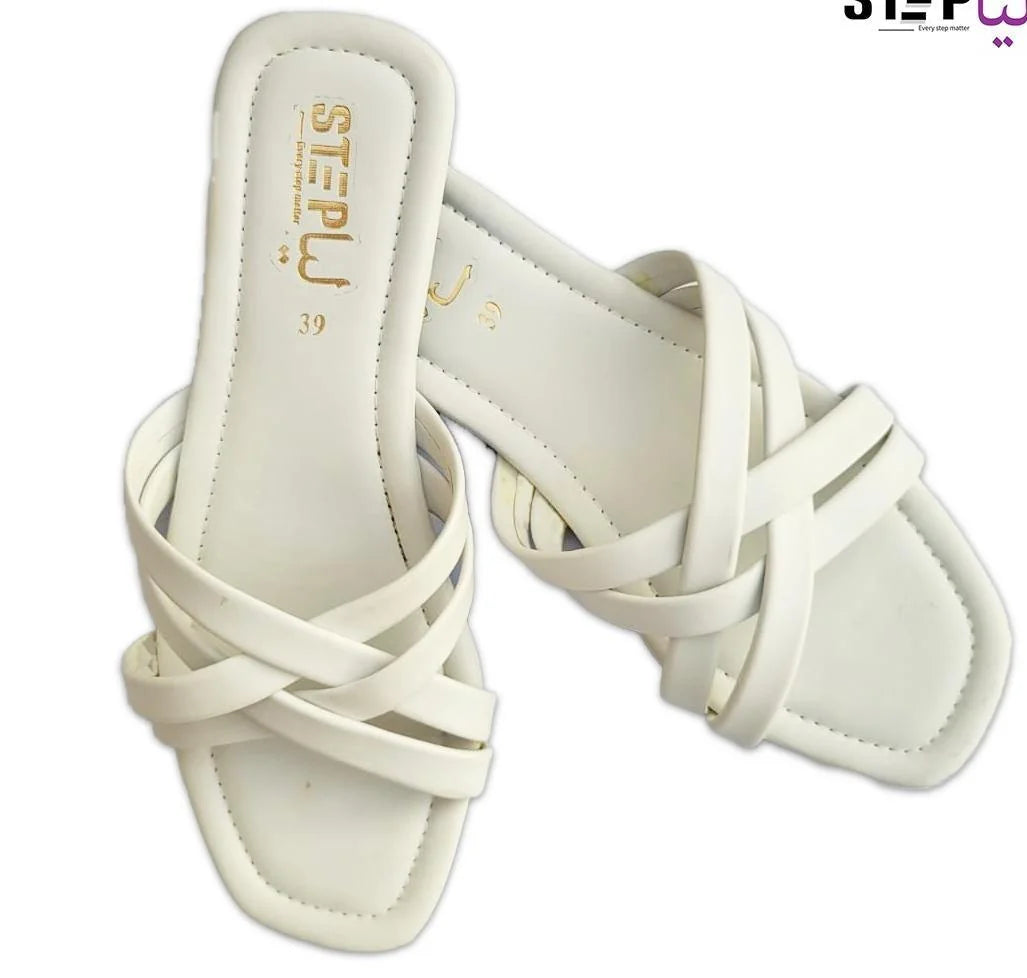 White Rexine Crisscross Flat Sandals Size 9