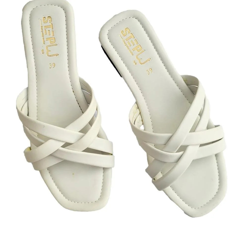 White Rexine Crisscross Flat Sandals Size 9