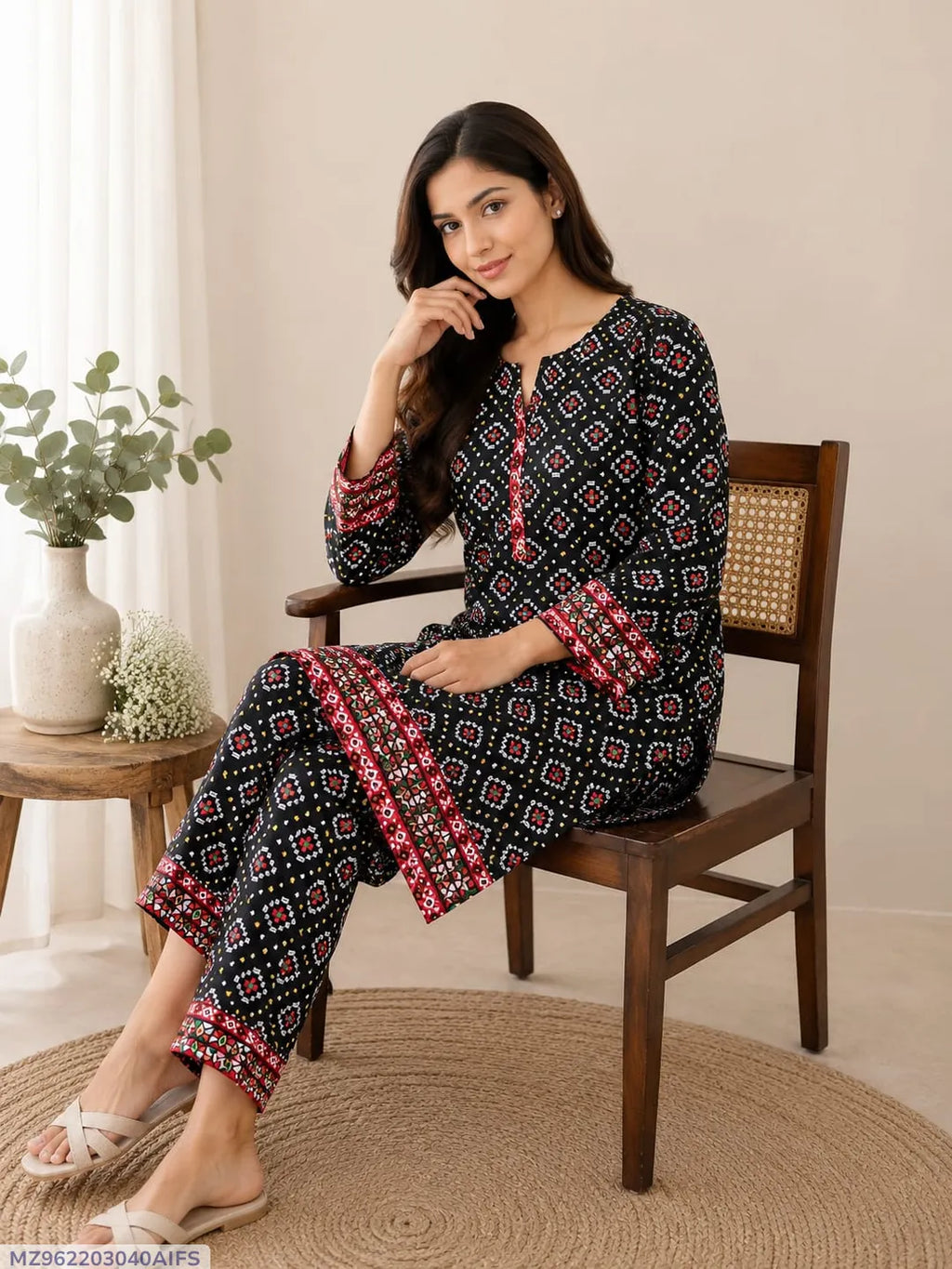 Black Printed Polo Cotton Suit - 2-Piece Unstitched