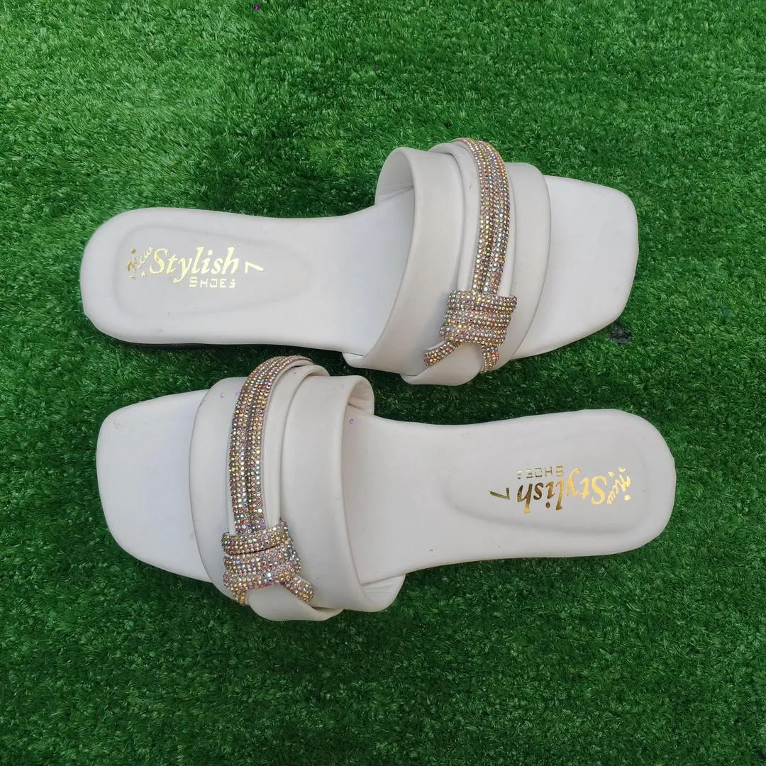 Women's White Rhinestone Flat Sandals Wedding Party Wear