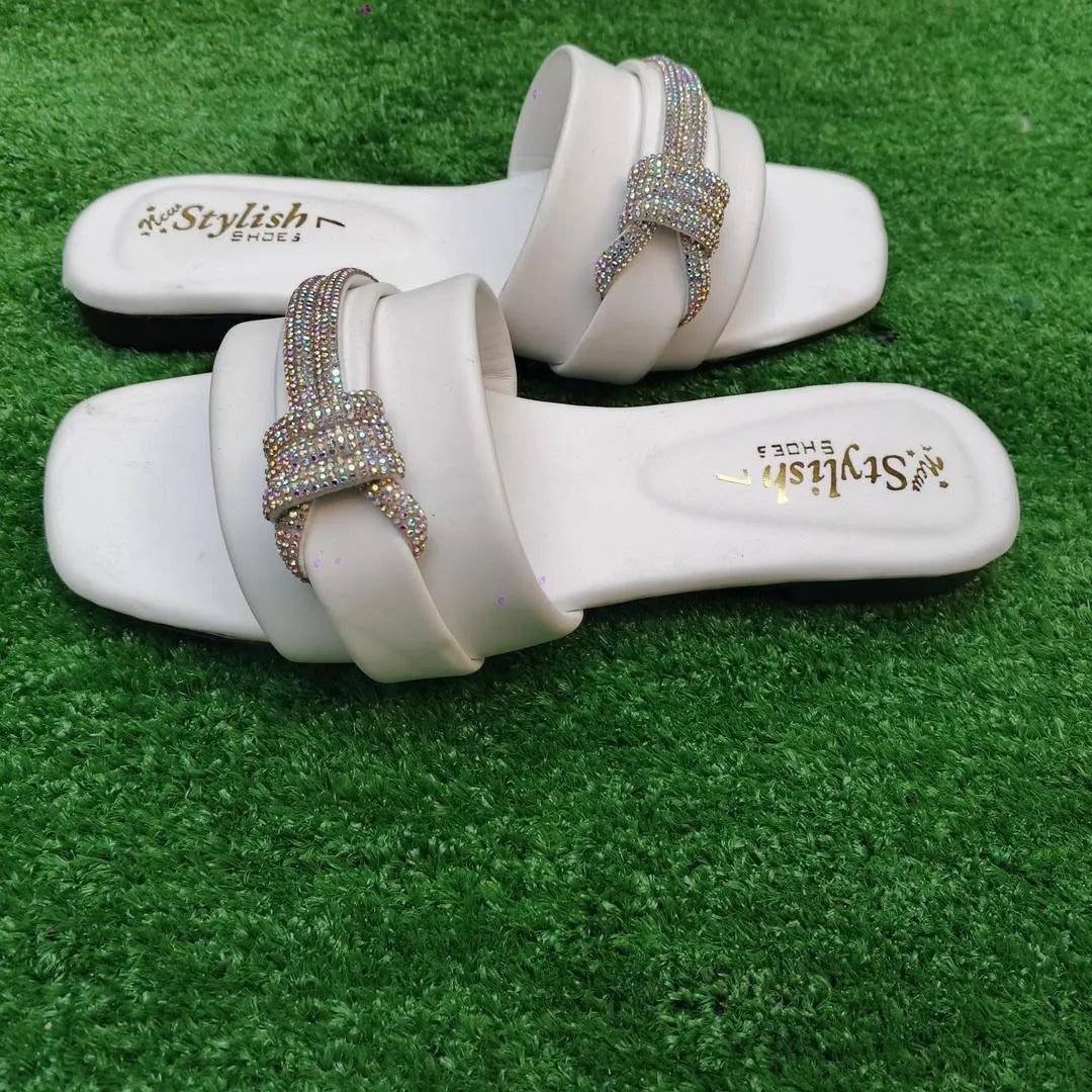 Women's White Rhinestone Flat Sandals Wedding Party Wear