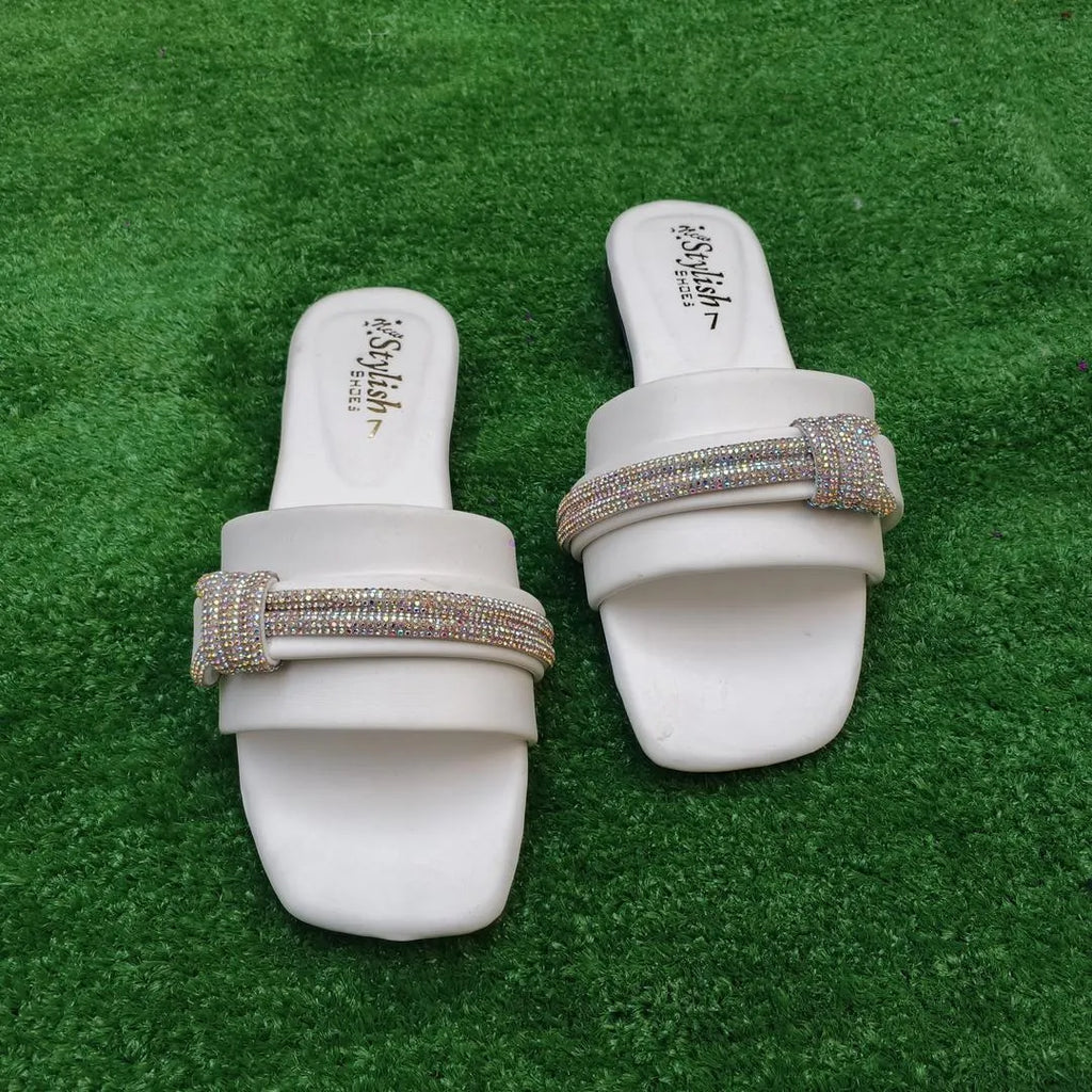 Women's White Rhinestone Flat Sandals Wedding Party Wear
