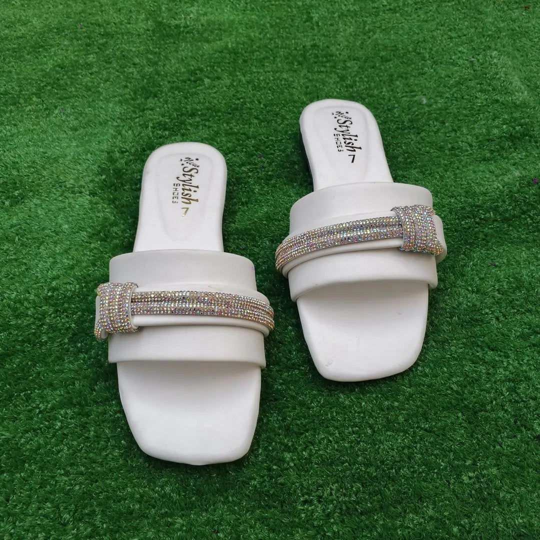 Women's White Rhinestone Flat Sandals Wedding Party Wear
