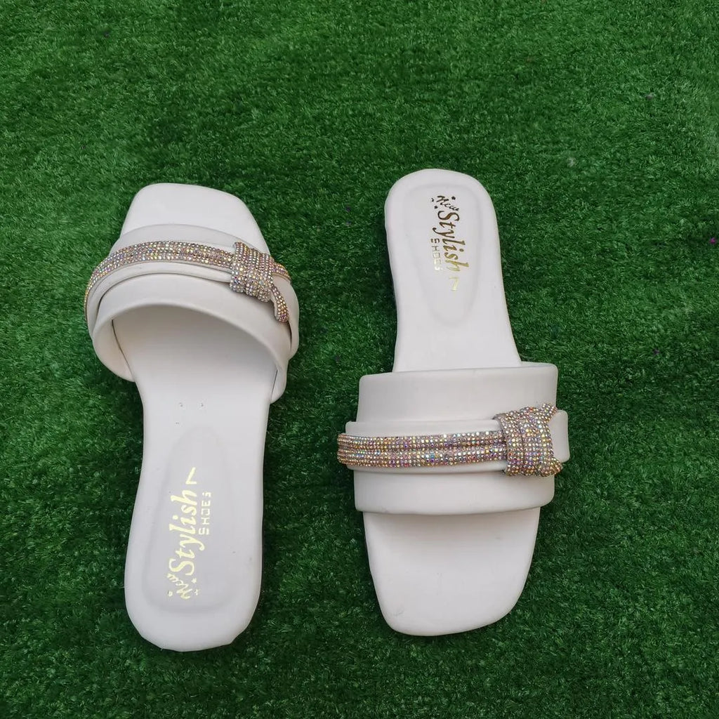 Women's White Rhinestone Flat Sandals Wedding Party Wear