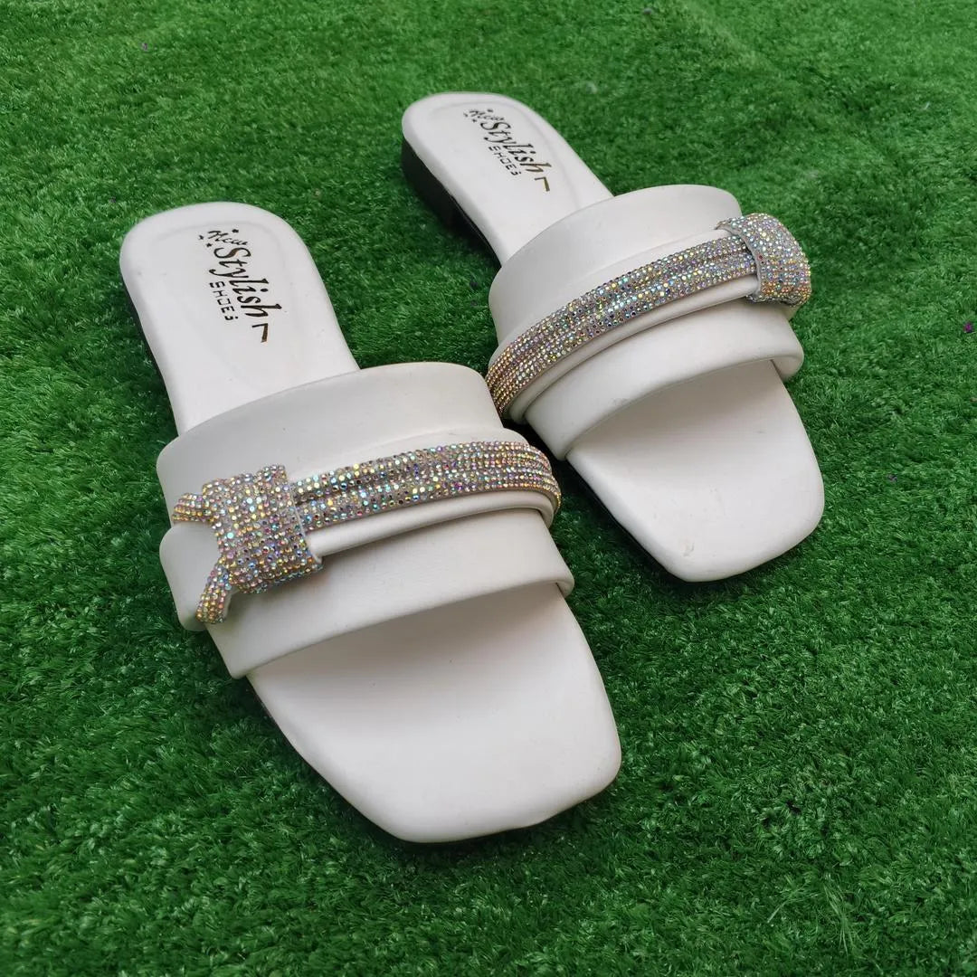 Women's White Rhinestone Flat Sandals Wedding Party Wear
