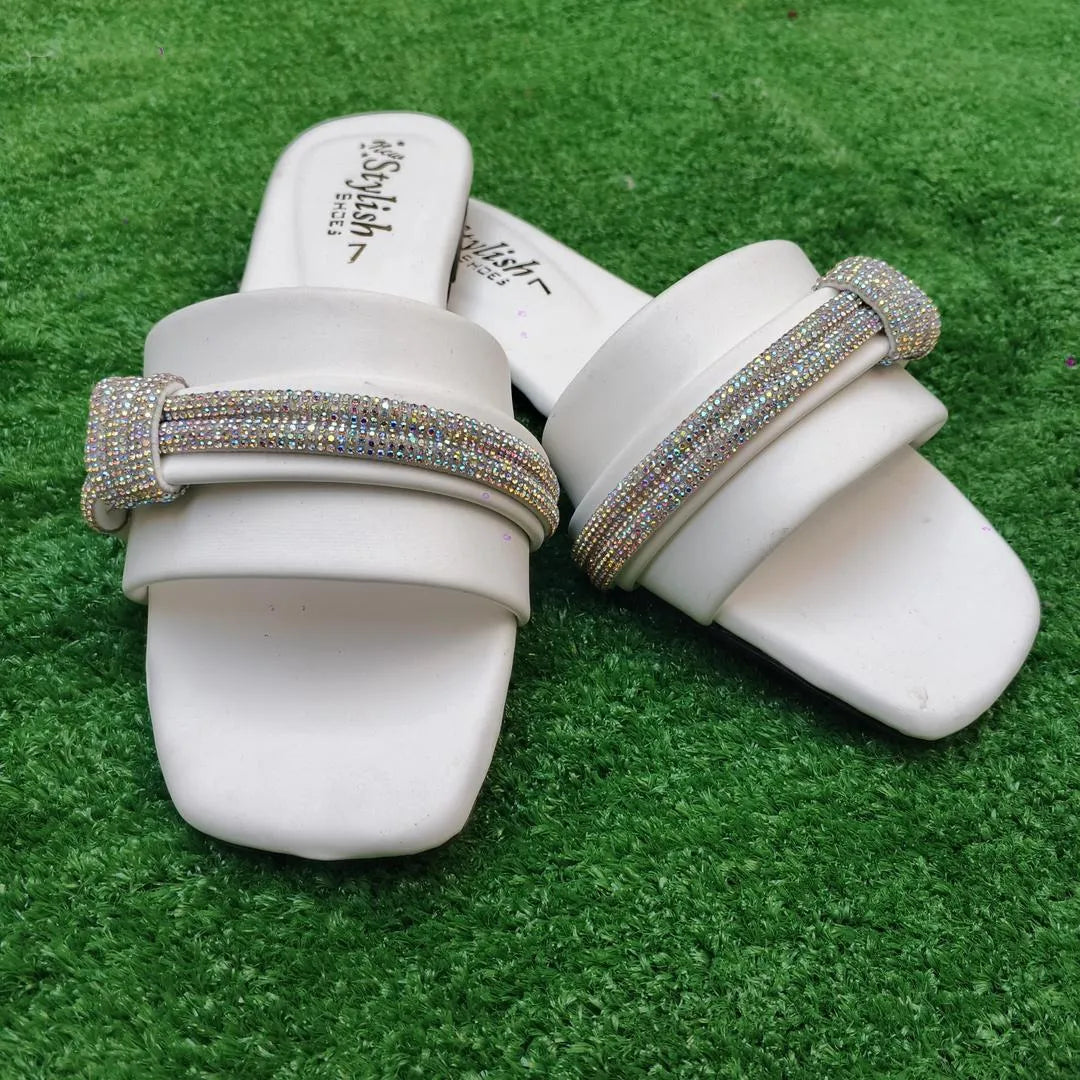 Women's White Rhinestone Flat Sandals Wedding Party Wear