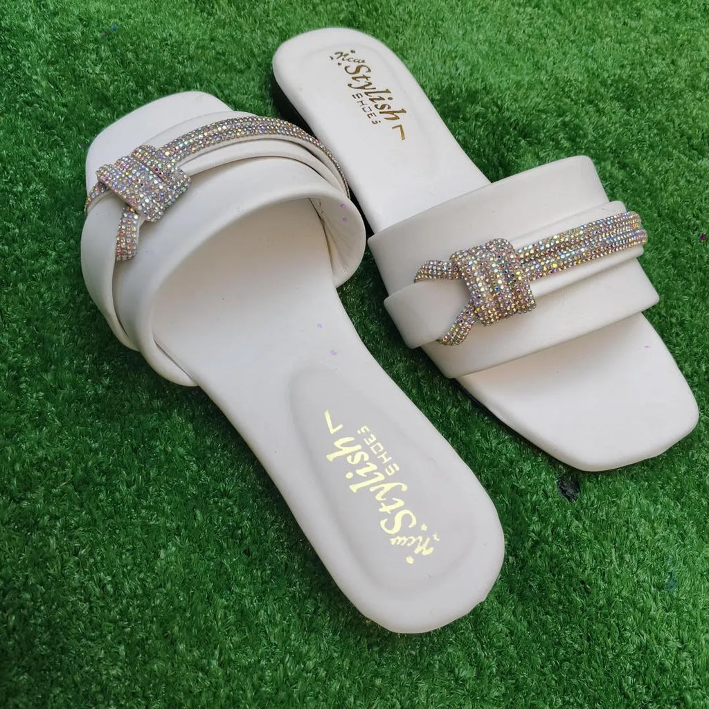 Women's White Rhinestone Flat Sandals Wedding Party Wear