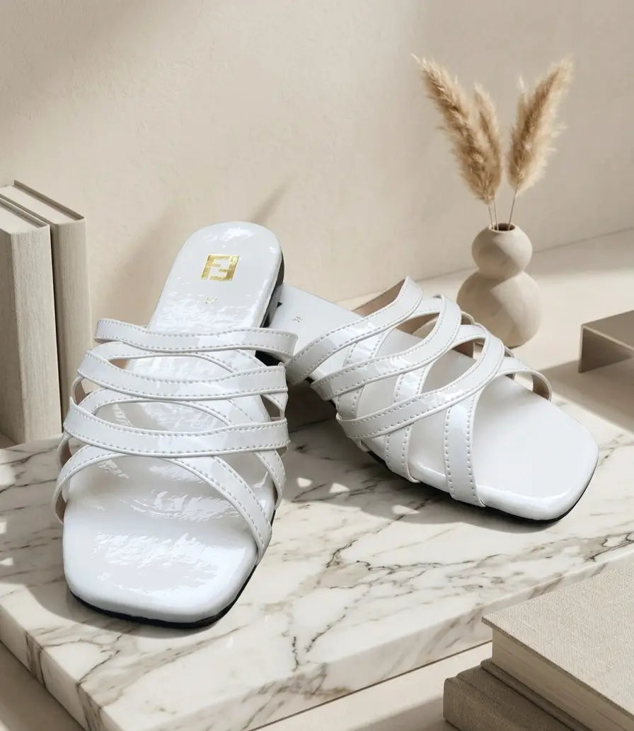 Women's Plain Flats - White, Synthetic Leather, Size 6 to 11