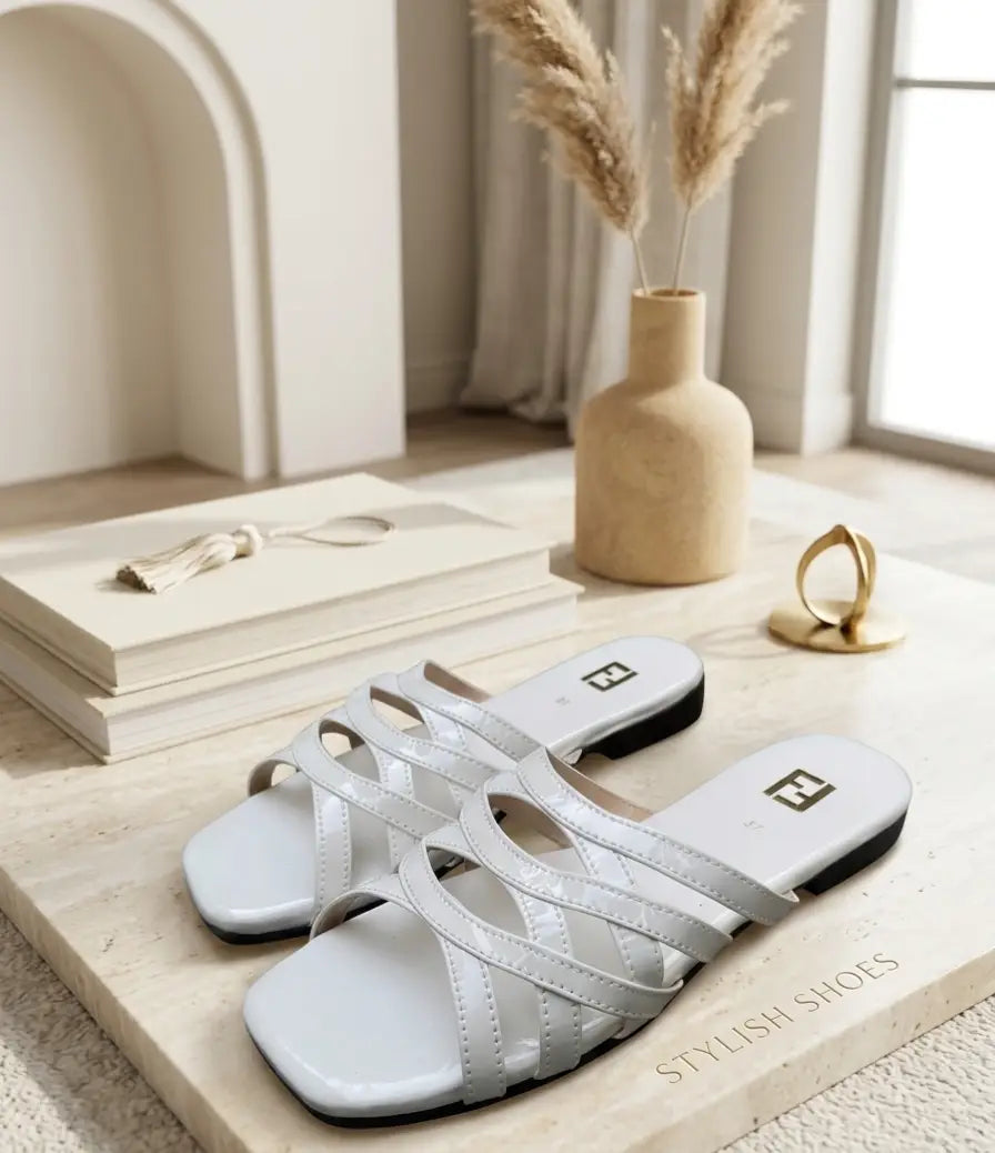 Women's Plain Flats - White, Synthetic Leather, Size 6 to 11