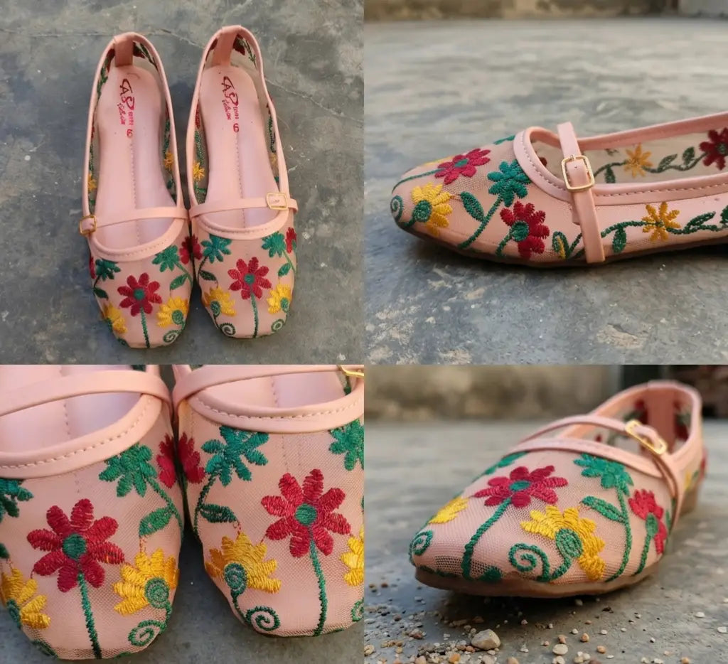 Women's Microfiber Pumps - Pink, Thread Work Embroidery