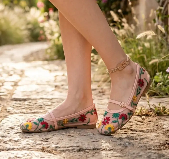 Women's Microfiber Pumps - Pink, Thread Work Embroidery