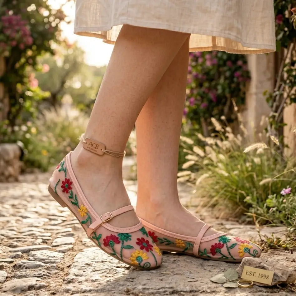 Women's Microfiber Pumps - Pink, Thread Work Embroidery