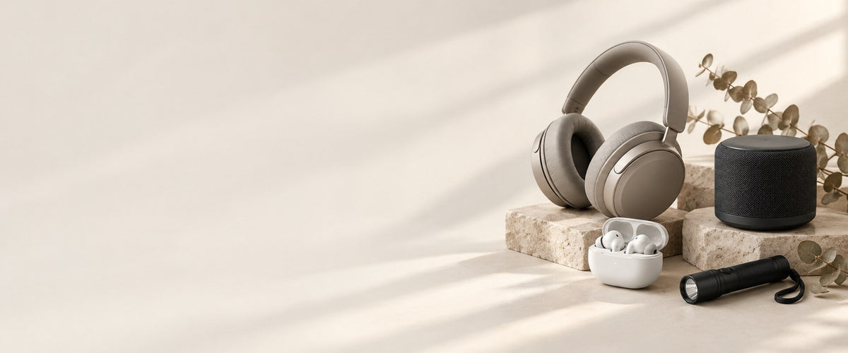 Everyday electronics - wireless earbuds, bluetooth speakers and chargers