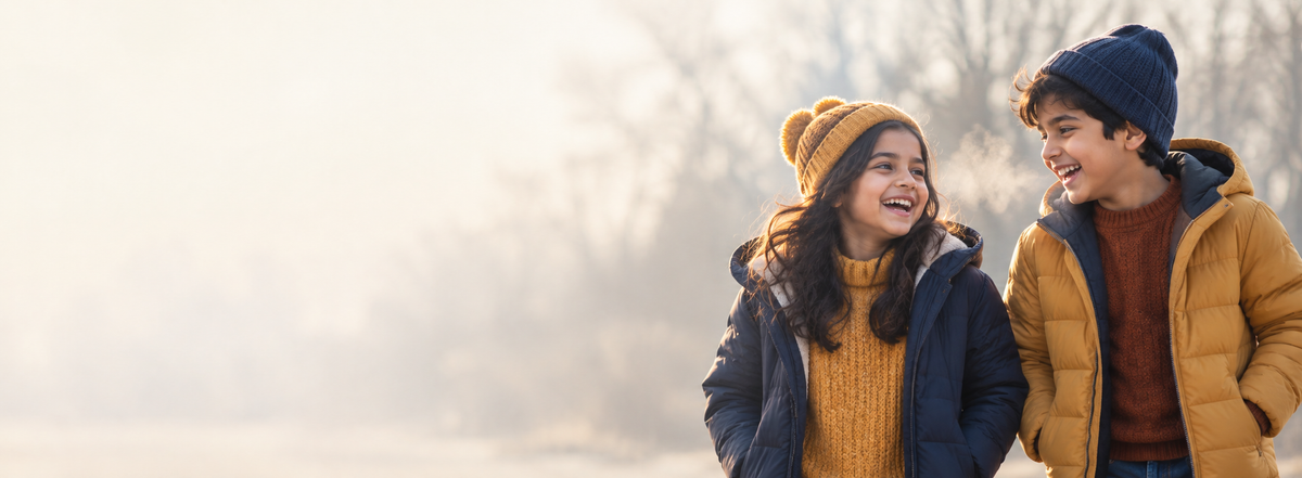 Two children laughing in winter jackets on a cold morning