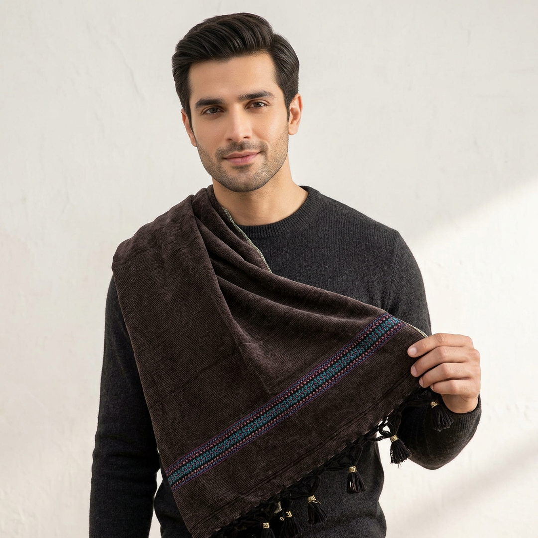 Men's Velvet Shawl - Brown, Embroidered Tassel Detail