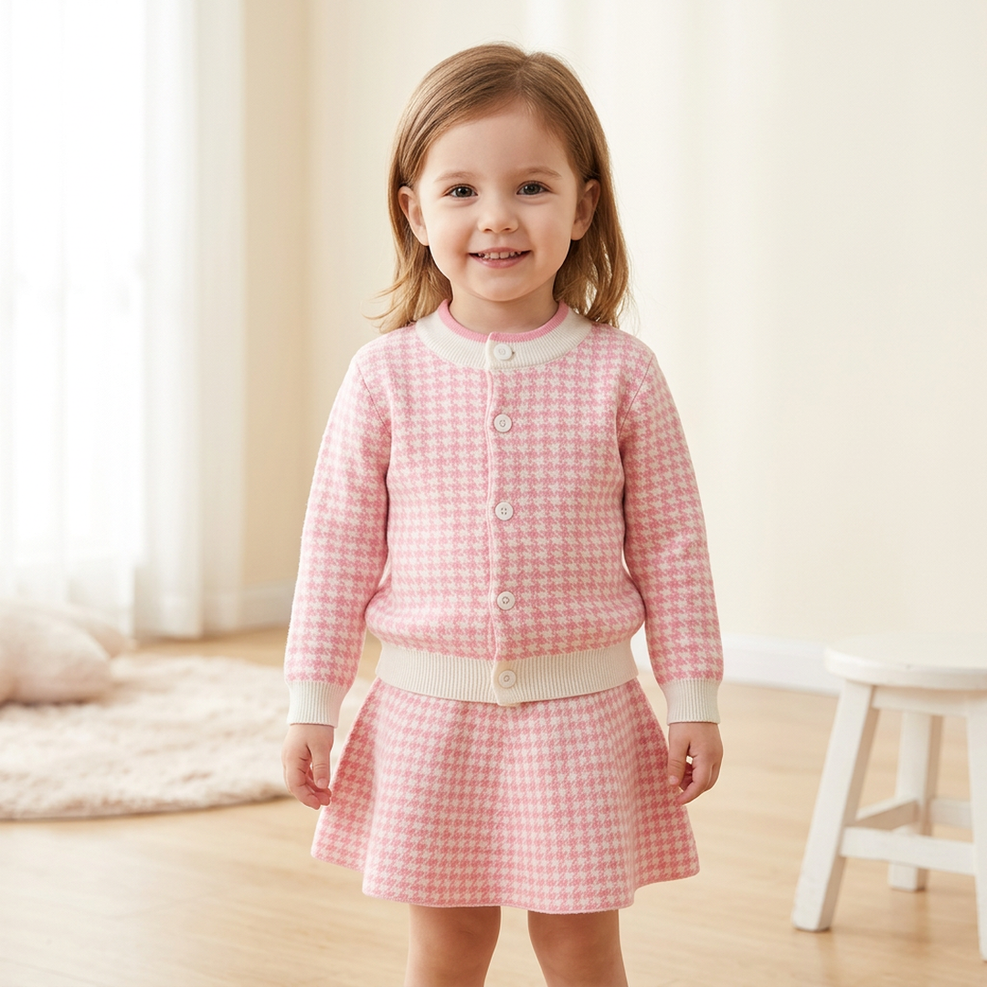 Girls Houndstooth Cardigan Skirt Set - 2 to 6 Years