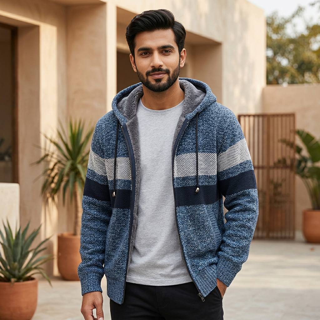 Men's Striped Hooded Knit Cardigan - Autumn & Winter - view 7