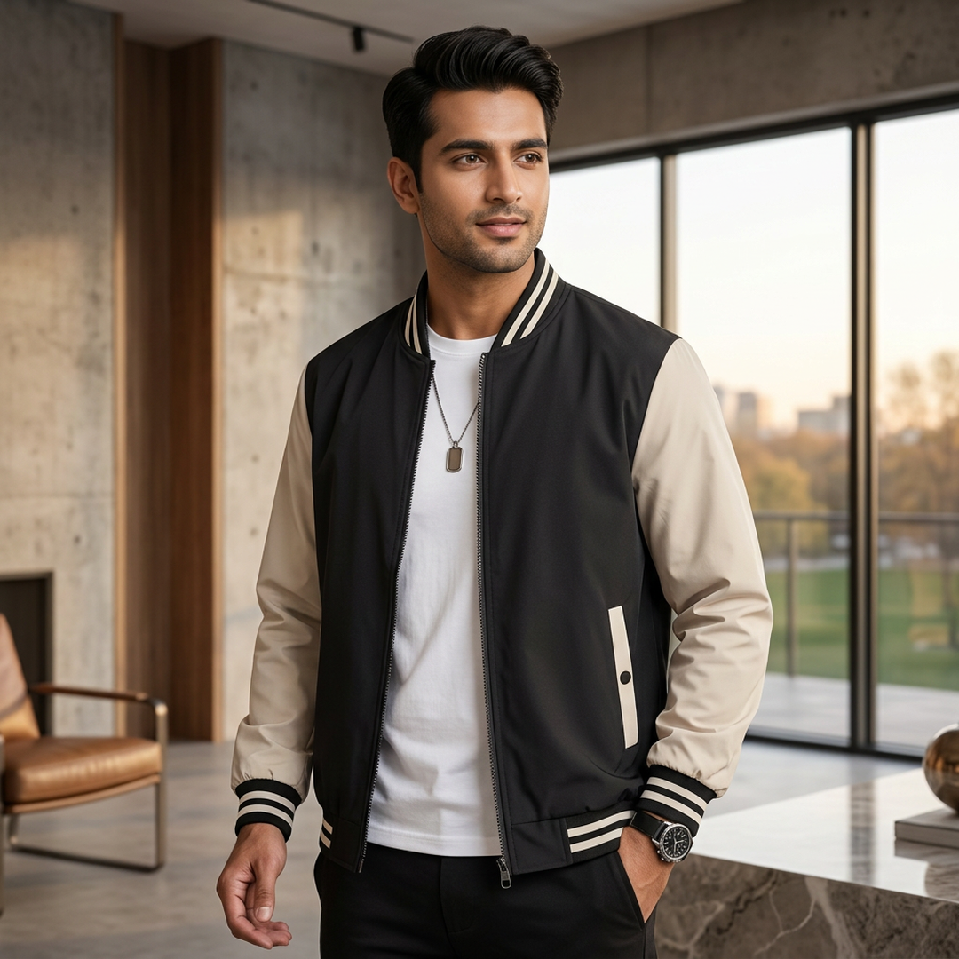 Men's Zip Baseball Jacket - Beige, Black or Green, M to 5XL