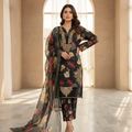 Black Printed Dobby Lawn Suit - 3-Piece Stitched