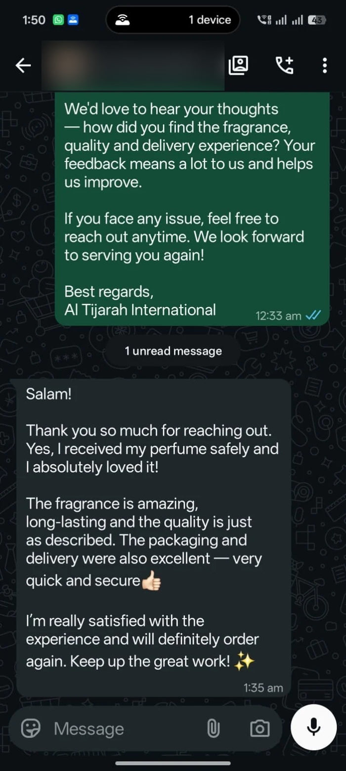 WhatsApp message from a customer who received a perfume