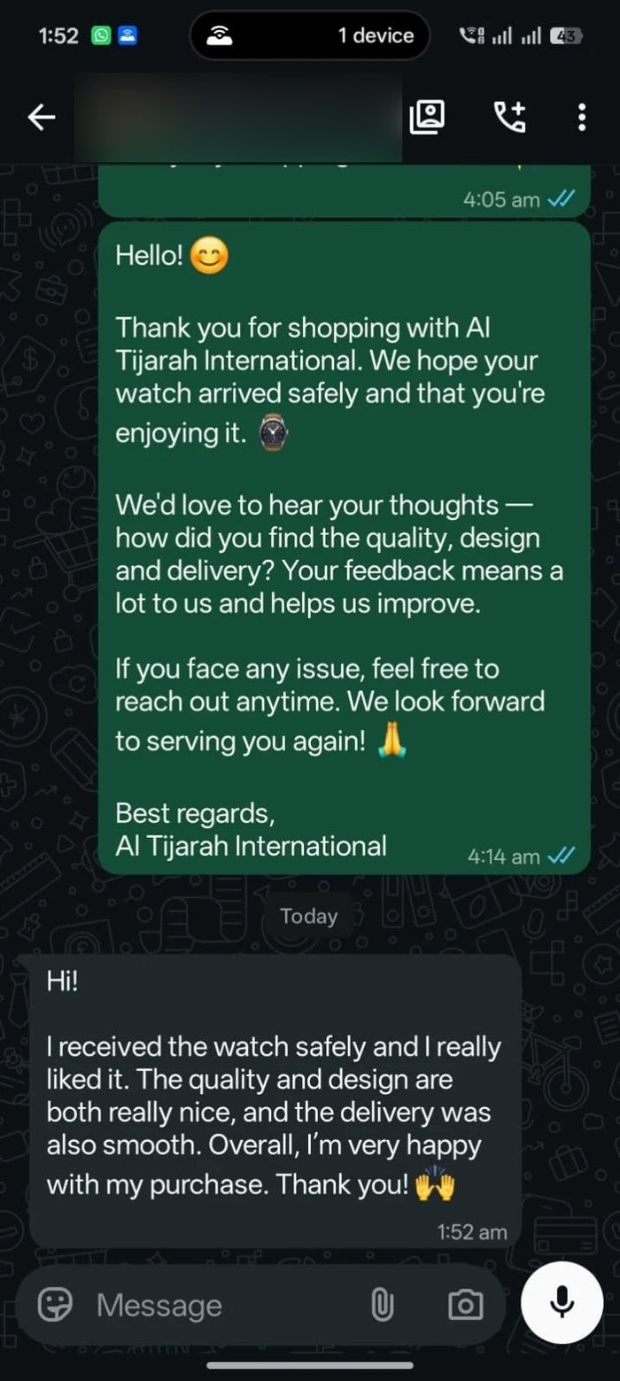 WhatsApp message from a customer who received a watch
